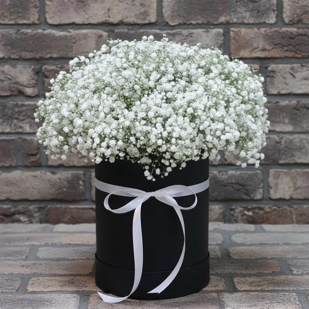 Цветочная композиция из Гипсофила в шляпной коробке в Троицкой Краснодарского края