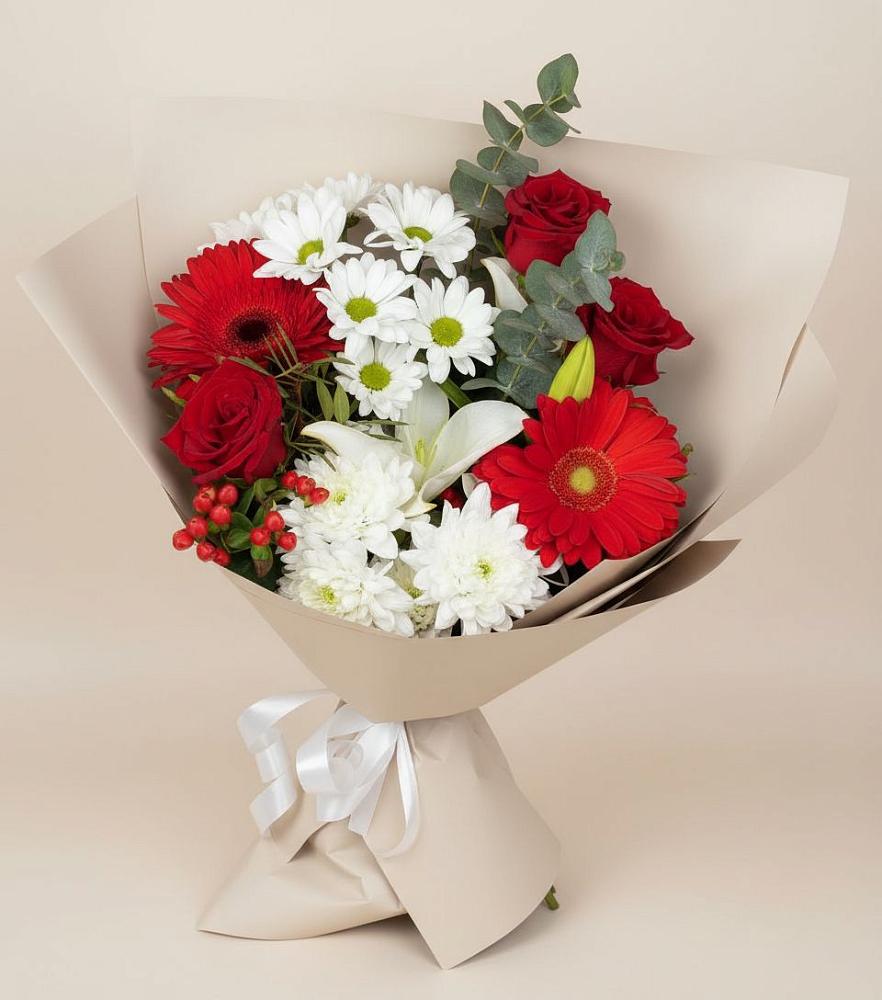 Букет цветов из: Розы, Хризантемы, Герберы и Лилии в Троицкой Краснодарского края