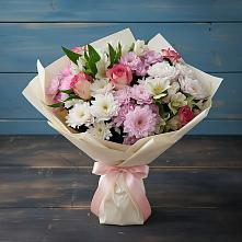 Букет цветов из:  Хризантемы, Альстромерии и Розы в Троицкой Краснодарского края