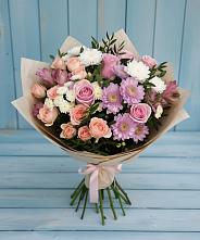 Букет цветов из:  Хризантемы, Розы и Альстромерии в Троицкой Краснодарского края