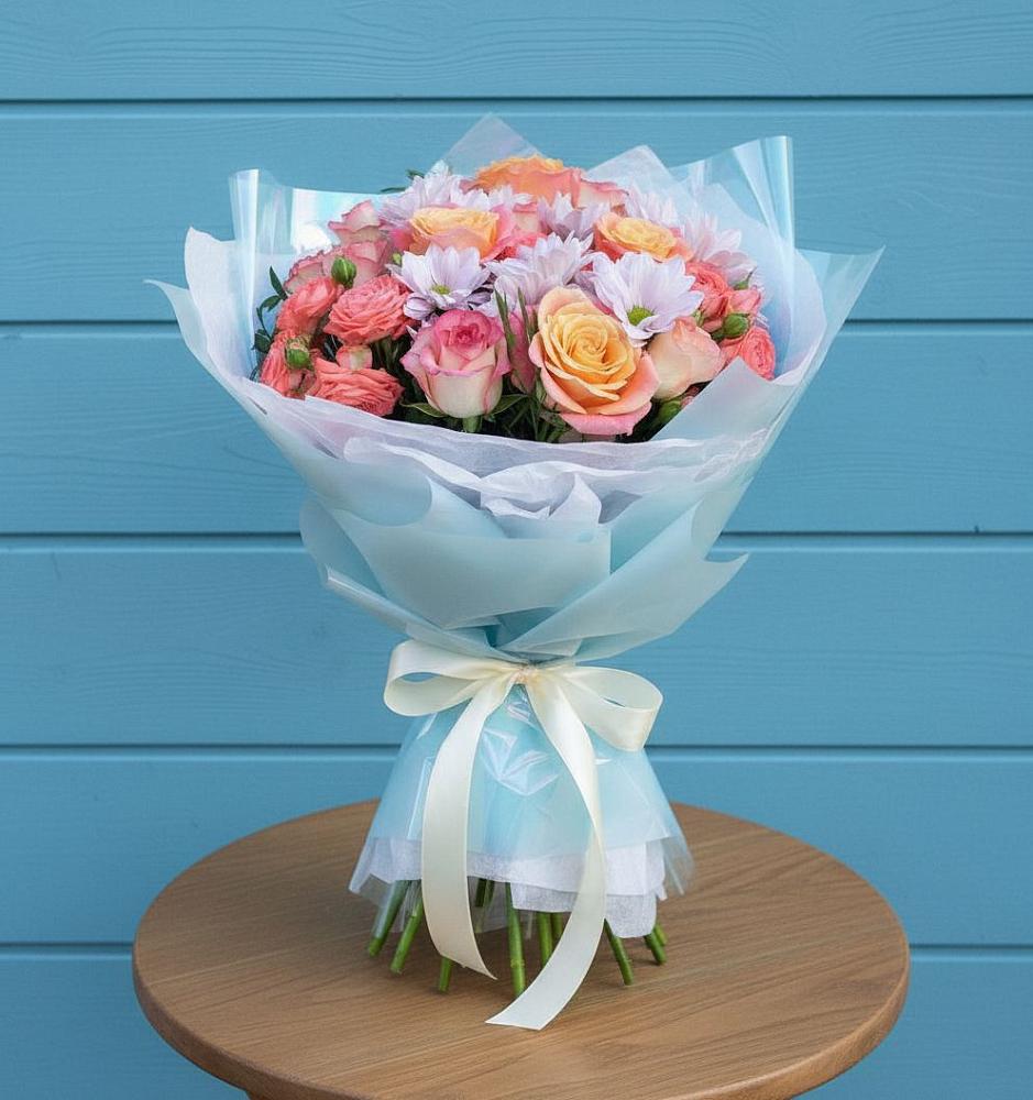 Букет цветов из: Хризантемы и Розы в Троицкой Краснодарского края